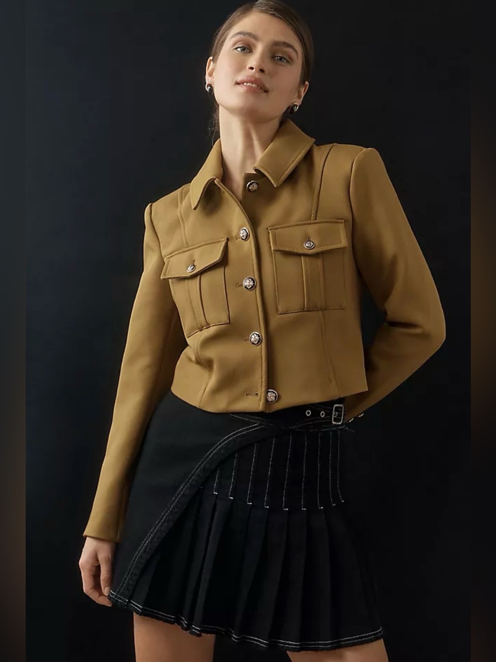 Avec Les Filles Green-Gold Ponte Military  Cropped Blazer Large
